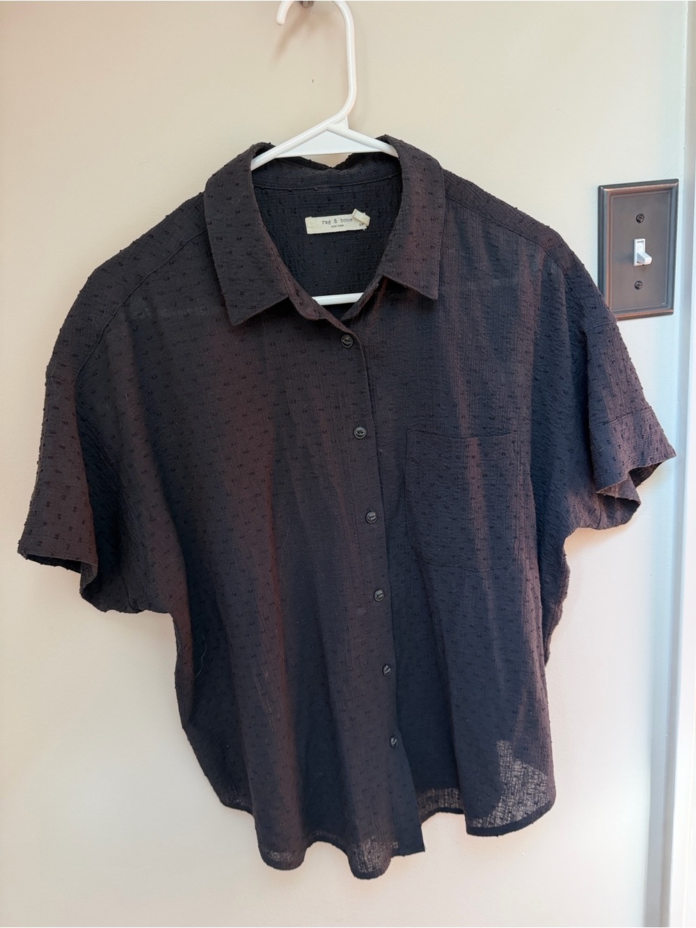 Rag and Bone Black Swiss dot Textured Short Sleeve Button-Down Shirt